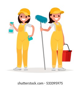 Women workers of cleaning company on a white background. Vector illustration in a flat style