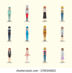 Women workers with masks against 2019 ncov virus design of Covid 19 cov infection disease symptoms and medical theme Vector illustration