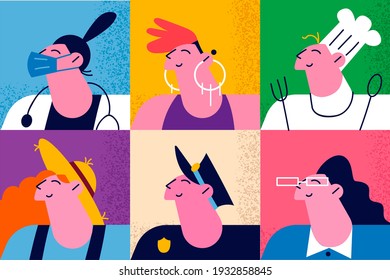 Women workers specialists portraits concept. Set of diverse women workers diversity chef, police, firefighter, business woman and medical professional doctor vector illustration