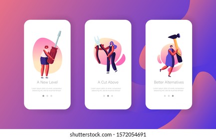 Women Workers with Tools. Mobile App Page Onboard Screen Set Girls with Huge Instruments and Equipment for Home Repair and Renovation Concept for Website or Web Page. Cartoon Flat Vector Illustration