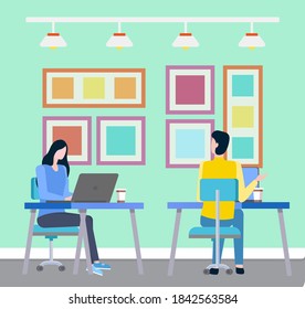 Women workers using laptop, people on workplace indoor. Office decorated by picture, lamp and desktop with wireless device, employee with computer vector