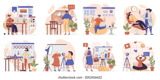 Women working collection of scenes isolated. People work at different professions or occupations, set in flat design. Vector illustration for blogging, website, mobile app, promotional materials.