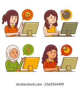 Women Working with Computer in Cartoon Style