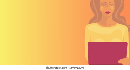 Women working with computer notebook and Using warm colors with the gradient  background.vector,illustration,corona virus,covid-19.