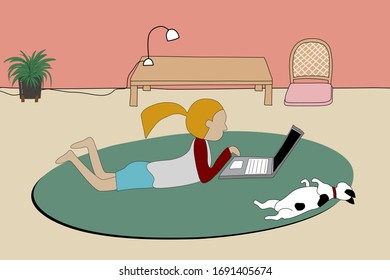 Women Working From Home With His Dog To Avoid Coronavirus, COVID-19 WFH Concept