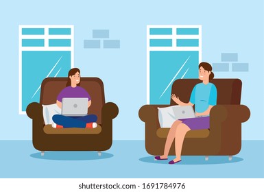 women working at home with laptop sitting in couch vector illustration design