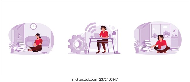 Women working from home listening to music. Relaxed work from home. Work remotely at the home office. Freelance Productivity concept. Set Trend Modern vector flat illustration