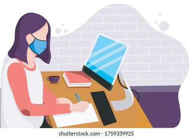 Women Working in Home Offices. Sitting Characters Looking at Computer Screening, wearing a mask and writing. the left side there is a cup filled with water and books. Home Office Concept. Flat Isometr