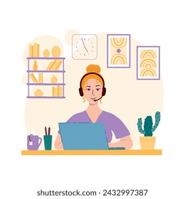 Women is working from home. Stock flat vector illustration. Colorful concept of home office. 