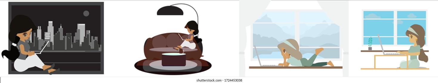 
Women working at home using social media via laptops.Work from home. People at home in quarantine. Vector flat style illustration.