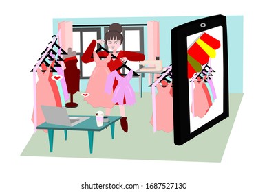 Women working at home.Lady are selling clothes online.  Vector people illustration on isolate white background. Cartoon character person flat design.People do freelance careers. Cute girl and fashion.