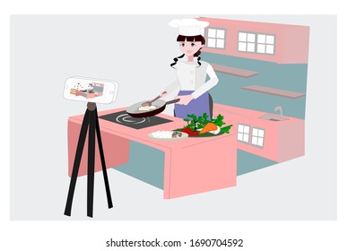 Women working at home.Lady wears chef's dress and is cooking food and live videos by mobile .  Vector people illustration on isolate background. Cartoon character person flat design.People do fr