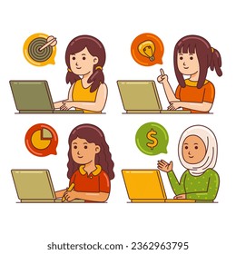 Women Working with Laptop in Cartoon Style