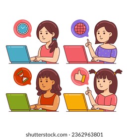 Women Working with Laptop in Cartoon Style