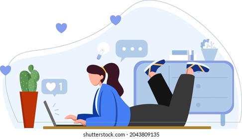 
Women Working with Laptop Laying Down Vector Illustration