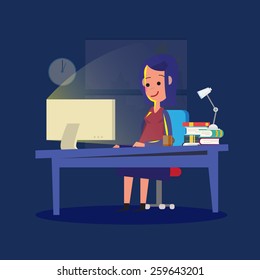 women working late night. workload concept - vector illustration