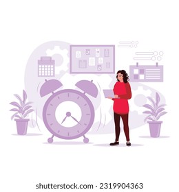Women are working late in the office and seriously considering the business project deadlines. Trend Modern vector flat illustration.