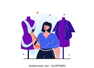 Women working modern flat concept for web banner design. Woman works as tailor and seamstress, creates fashion clothes and outfits in clothing atelier. Vector illustration with isolated people scene