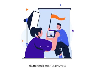 Women working modern flat concept for web banner design. Woman working as professional photographer in photo studio, makes photoshoot for posing man. Vector illustration with isolated people scene