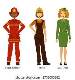 Women working in non-traditional professions, roles, industries: military, firefighter, miner. Hard female professions, job