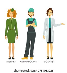 Women working in non-traditional roles, industries: military, automechanic, scientist. Hard female professions, job
