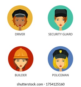 Women working in non-traditional roles, industries: builder, driver policeman, security guard. Hard female professions, job