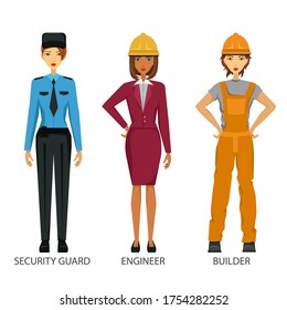 Women working in non-traditional roles, industries:  builder, security guard, engineer. Hard female professions, job