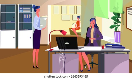 Women working in office. Employees, bored workers, workplace flat vector illustration. Paperwork, corporate communication concept for banner, website design or landing web page