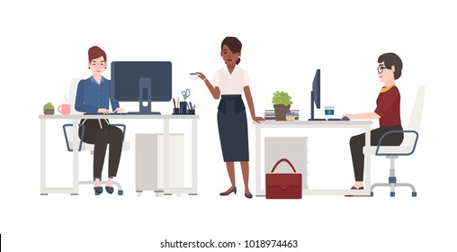 Women working at office. Female clerks dressed in smart clothes sitting in chairs at desks with computers or standing and drinking coffee. Cartoon characters. Vector illustration in flat style.