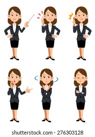 Women working in the office, six kinds of gestures and facial expressions