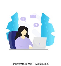 Women working on laptop. Freelancing business woman remote job. Modern office with message bubbles. Stay at home concept. Trendy flat design with gradient.