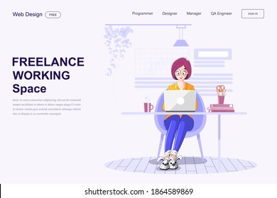 Women working on laptop from home or studying online, Communication on the Internet, Web page design template vector illustration.