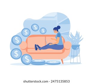 Women are working online from home. Dollar coins fell from the laptop. Earn money concept. Flat vector illustration.