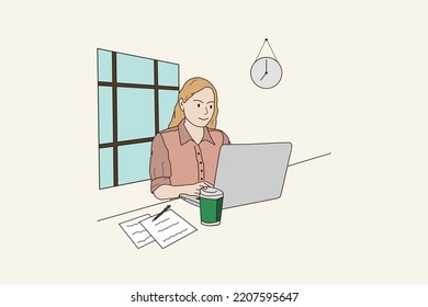 Women working or studying online on a laptop at desk with documents Freelance Housework Ideas Illustration vector.