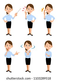Women working in summer office, 6 different gestures and facial expressions