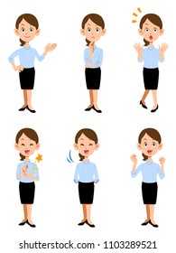 
Women working in summer office, 6 different gestures and facial expressions