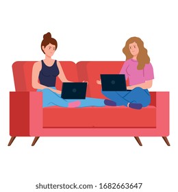 women working in telecommuting with laptop in couch vector illustration design