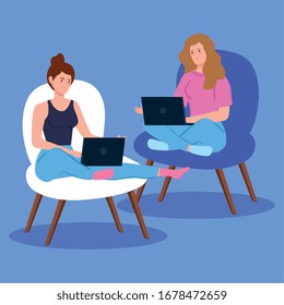women working in telecommuting with laptop sitting in chairs vector illustration design