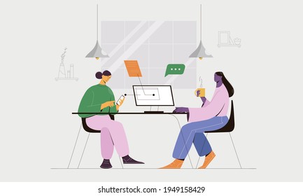 Mujeres trabajando juntas usando computadoras y copos en la oficina o en el hogar. Ilustración de vectores, concepto de empresa y trabajo en equipo