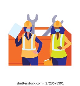 women working with tools and mask vector illustration design