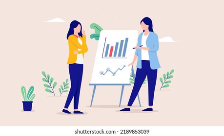 Women Working - Two Professional Female Characters Discussing Business And Chart Results. Abstract Work Concept, Flat Design Vector Illustration