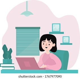 women working use laptop flat design. work from home. pink and green pastel