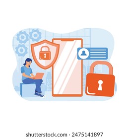 Women are working using a laptop. Protecting privacy data on electronic devices. Data protection concept. Flat vector illustration.
