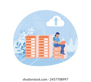 Las mujeres están trabajando usando una laptop. Almacenar datos en un equipo conectado al servidor. Podría concepto de computación. Ilustración vectorial plana.