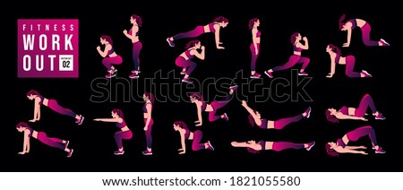 Women Workout Set 04 . women exercise vector set. Women doing fitness and yoga exercises. Lunges, Pushups, Squats, Dumbbell rows, Burpees, Side planks, Glute bridge, Leg Raise, Russian Twist .et