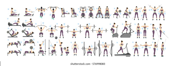 Women workout set. All kinds of exercises in gym, cardio, treadmill, body lifting and more. Healthy lifestyle.