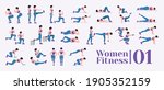 Women Workout Set. Women doing fitness and yoga exercises. Lunges, Pushups, Squats, Dumbbell rows, Burpees, Side planks, Situ ps, Glute bridge, Leg Raise, Russian Twist, Side Crunch .etc