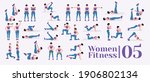 Women Workout Set. Women doing fitness and yoga exercises. Lunges, Pushups, Squats, Dumbbell rows, Burpees, Side planks, Situ ps, Glute bridge, Leg Raise, Russian Twist, Side Crunch .etc