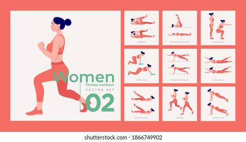 Women Workout Set. Women doing fitness and yoga exercises. Lunges, Pushups, Squats, Dumbbell rows, Burpees, Side planks, Situps, Glute bridge, Leg Raise, Russian Twist, Side Crunch .etc