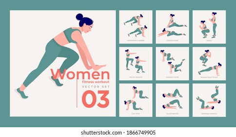 Women Workout Set. Women doing fitness and yoga exercises. Lunges, Pushups, Squats, Dumbbell rows, Burpees, Side planks, Situps, Glute bridge, Leg Raise, Russian Twist, Side Crunch .etc